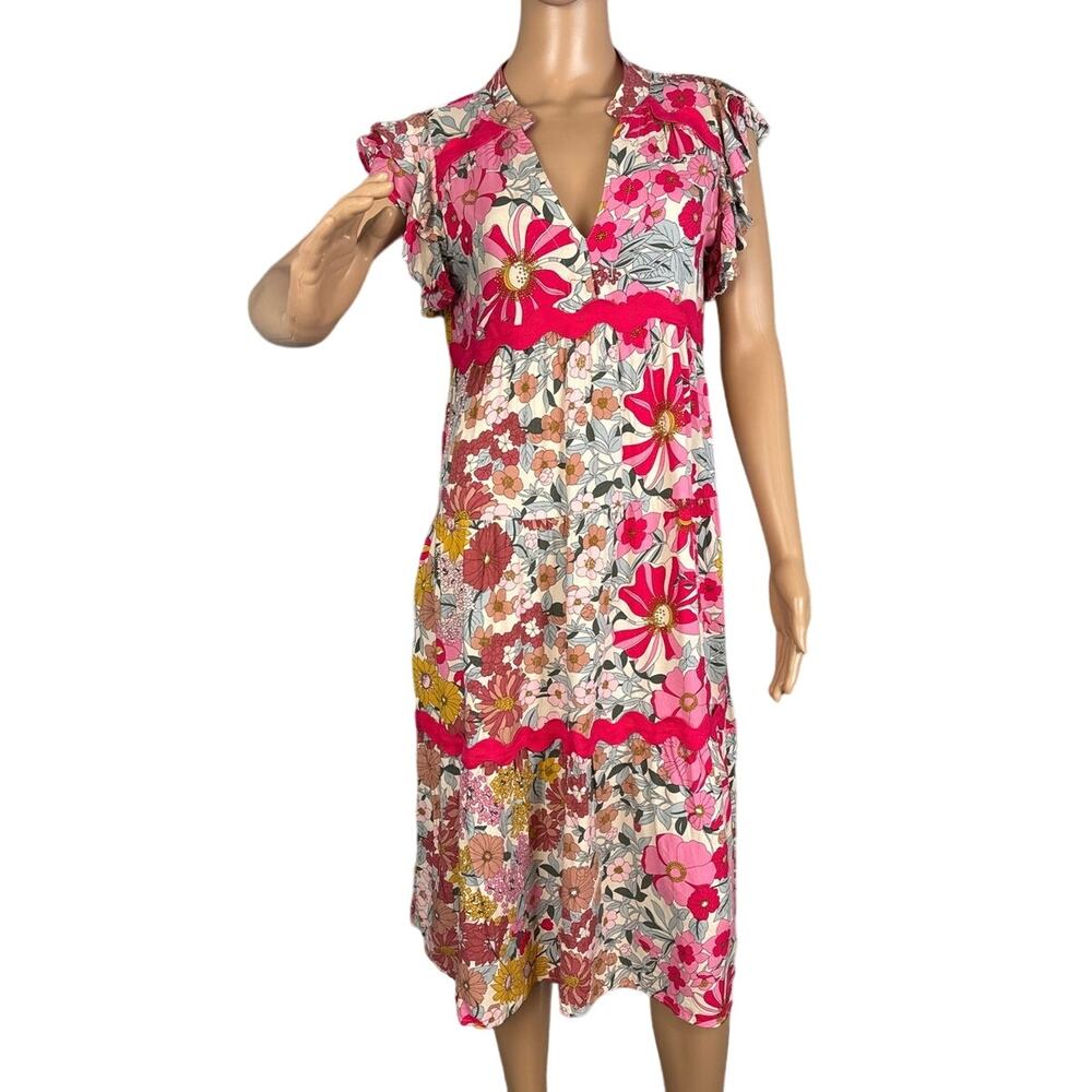 TieredUmgee Women's Floral Midi Dress Flutter Sleeve SZ S Boho Indie Brunch